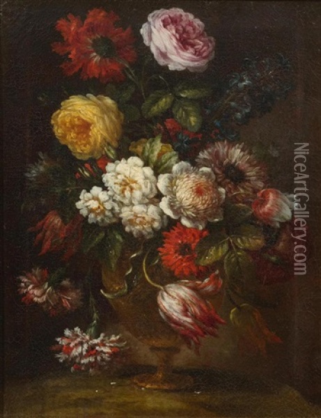 Still Life Of Flowers With Roses, Carnations, Anemones And A Hyacinth In A Metal Vase Oil Painting - Bartolommeo Bimbi