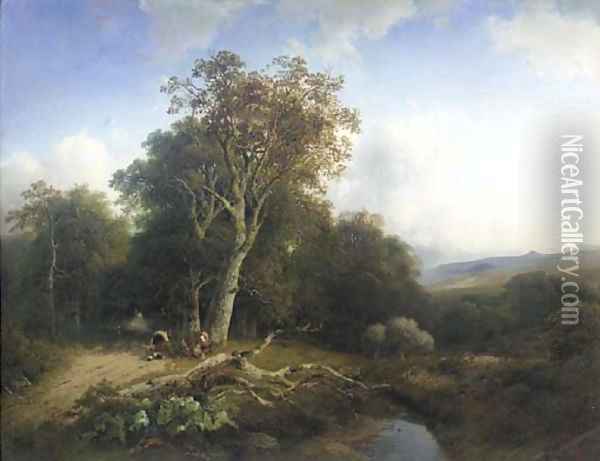 Peasants resting by a tree in a wooded valley Oil Painting - Frederik Hendrik Hendriks