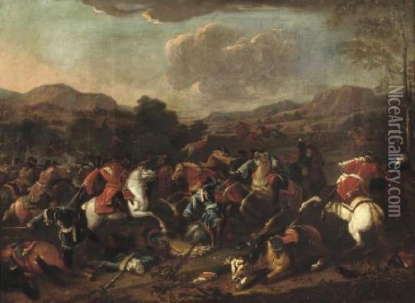 A Cavalry Skirmish In An 
Extensive River Landscape, Said To Be Prince Eugene De Savoy At The 
Battle Of Blenheim Oil Painting - Jan von Huchtenburgh