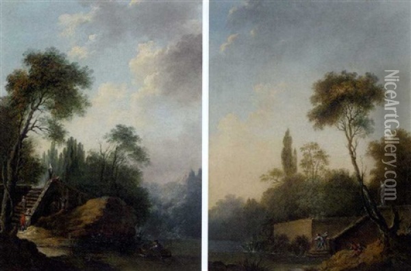 A Wooded Landscape With An Elegant Figure In A Rowing Boat And Others Standing On The Bank (+ A Wooded Landscape With Elegant Figures Reclining On The Banks Of A Pool; Pair) Oil Painting - Hubert Robert