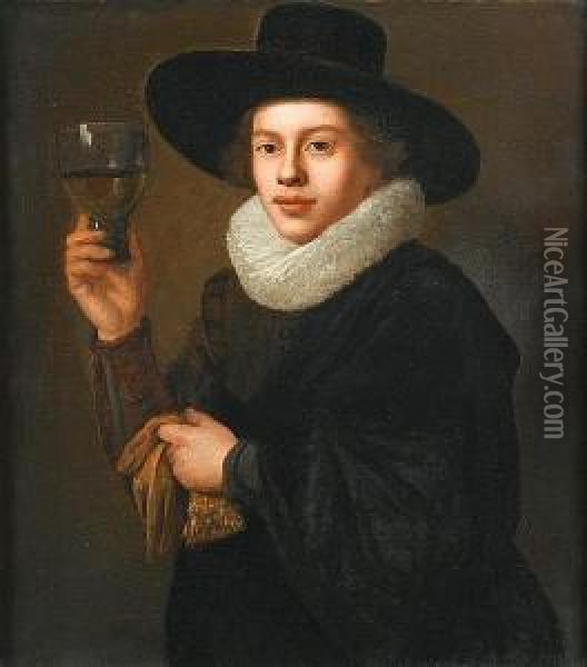 Portrait Of A Gentleman, Small 
Half-length, In Black Costume With A Ruff And A Black Hat, Holding 
Gloves And A Roemer Oil Painting - Thomas De Keyser