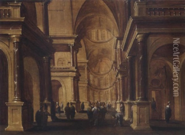 A Church Interior With Christ And The Woman Taken In Adultery Oil Painting - Hans Jurriaensz van Baden