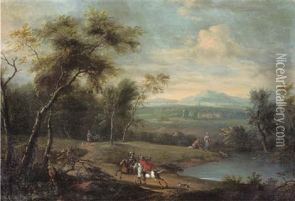 A Wooded River Landscape With Falconiers On Horseback, A Mansion Beyond Oil Painting - Frederick De Moucheron