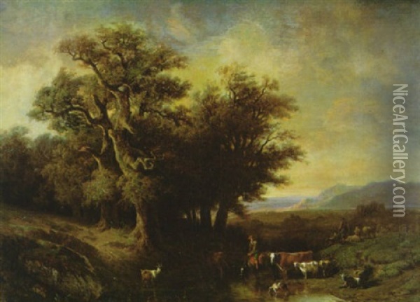Landschaft Mit Hirten Und Seiner Herde An Einem Bach Oil Painting - Francois Diday