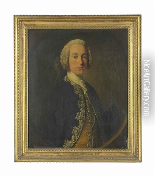 Portrait Of Sir John Peachey (?1720-65), 3rd Bt., Of West Dean, Sussex, Half-length, In A Silver Braided Brown Coat, In A Feigned Oval (collab. With Studio) Oil Painting - Allan Ramsay