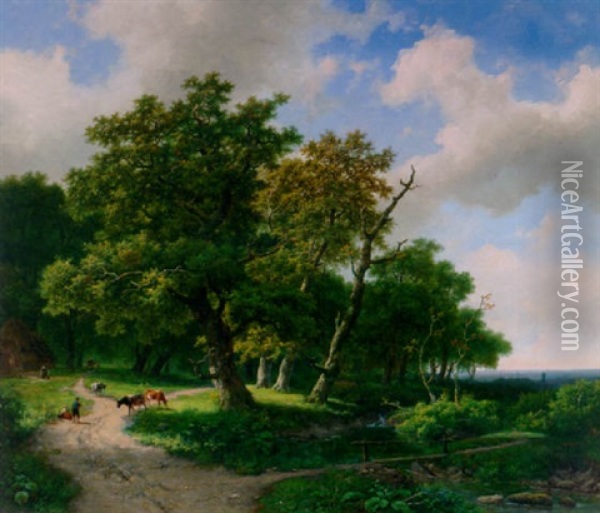 A Wooded Landscape With A Cattle On A Forest Trail And A Bridge Croosing A Brook Oil Painting - Marinus Adrianus Koekkoek