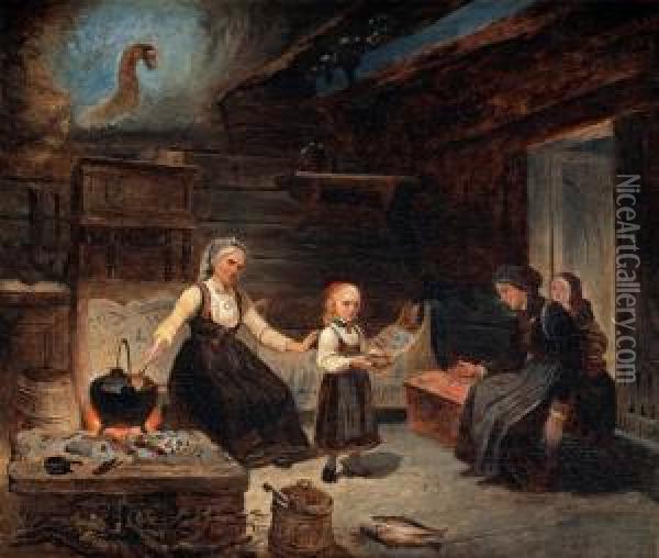 Interior With Woman And Children At A Kitchenhearth, Giving A Bowl Of Food To A Poor And Needy Woman And Herchildren Oil Painting - Kilian Zoll