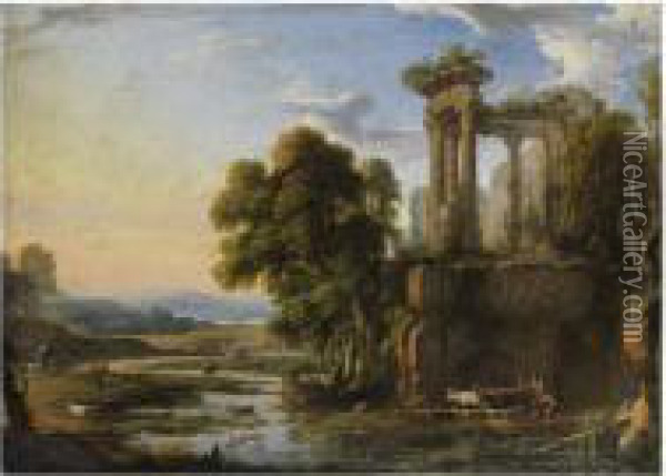 Paysage Au Crepuscule Avec Des Bergers Pres D'un Temple De Vesta Oil Painting - Pierrele Bon I Patel
