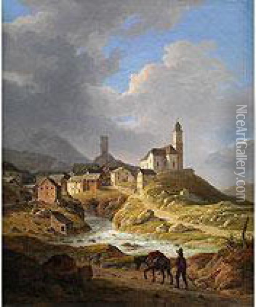 Blick Auf Ein Stadtchen In Den Alpen Oil Painting - Wilhelm Rudolf Scheuchzer