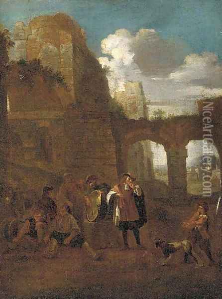 Peasants and a dog amongst classical ruins Oil Painting - Pieter Van Laer (BAMBOCCIO)