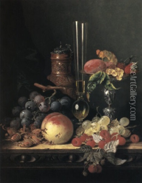 Grapes, Hazelnuts, A Peach, Raspberries, A Wine Flute, A Flagon...on A Ledge Oil Painting - Edward Ladell