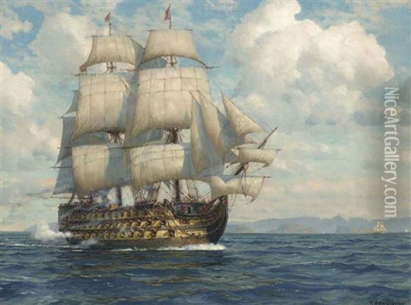Nelson's Flagship, H.m.s. Victory, Firing A Salute As She Approaches The Fleet Before Trafalgar Oil Painting - Michael Zeno Diemer