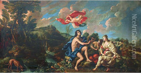 Apollo Suona La Lira A Due Muse Oil Painting - Giovanni Domenico Lombardi