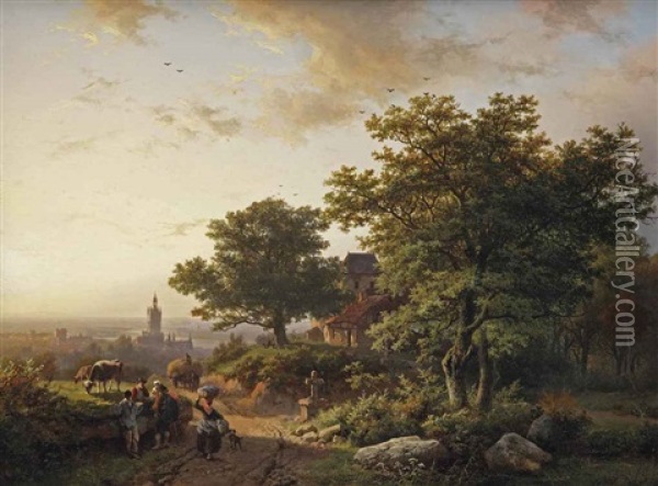 A Mountainous Landscape With A View On A Town In The Distance Oil Painting - Barend Cornelis Koekkoek