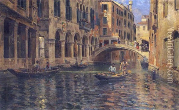 Gondoliers On A Venetian Canal Oil Painting - Bernardo Hay