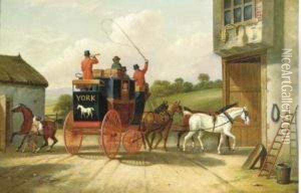 The York And Doncaster Coach Halting At An Inn Oil Painting - Herny Jr Alken