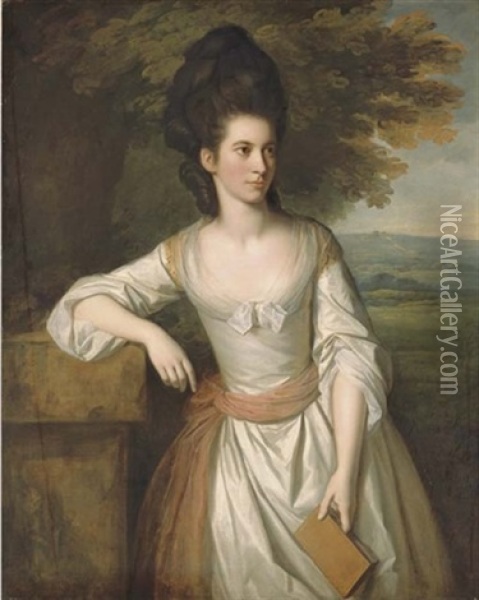 Portrait Of Mrs. Vere, Three-quarter-length, In A White Dress With A Pink Sash, Holding A Book In Her Left Hand, With A Landscape Beyond Oil Painting - Nathaniel Dance Holland (Sir)