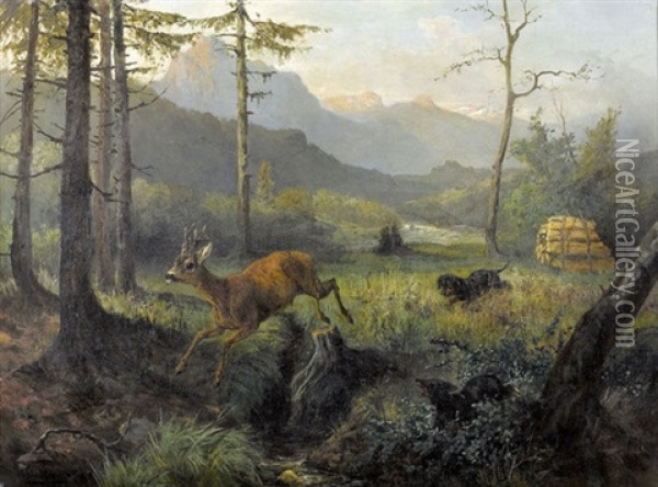 Rehbock Auf Der Flucht Vor Zwei Kleinen Jagdhunden Oil Painting - Anton Weinberger