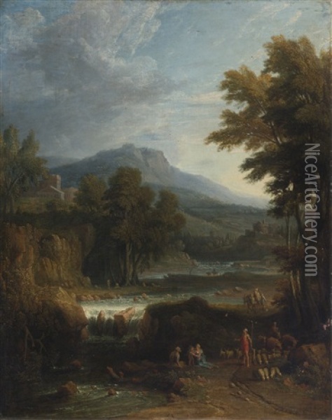 A Classical Landscape With Herders, A Mountain Beyond Oil Painting - Jan Frans van Bloemen