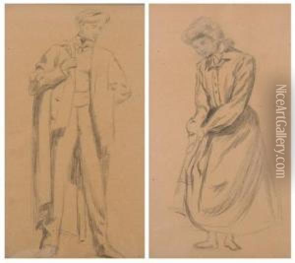 Standing Portraits Of A Man And Woman: A Pair Oil Painting - Frederic Ragot