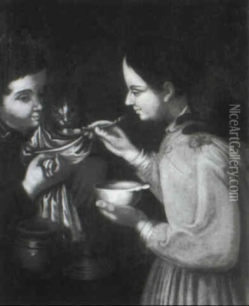 Jeune Fille Donnant A Manger A Son Chat Oil Painting - Antonio Mercurio Amorosi
