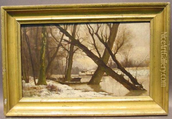 Snow Covered Banks Of A River
Initialed And Dated Oil Painting - Louis Eugene Leroux