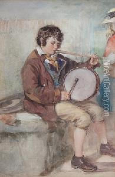 Boy Playing A Flute And A Drum Oil Painting - Octavius Oakley