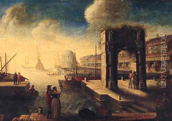 A capriccio of an Italianate port with an elegant couple on a quay Oil Painting - Hendrik van Minderhout