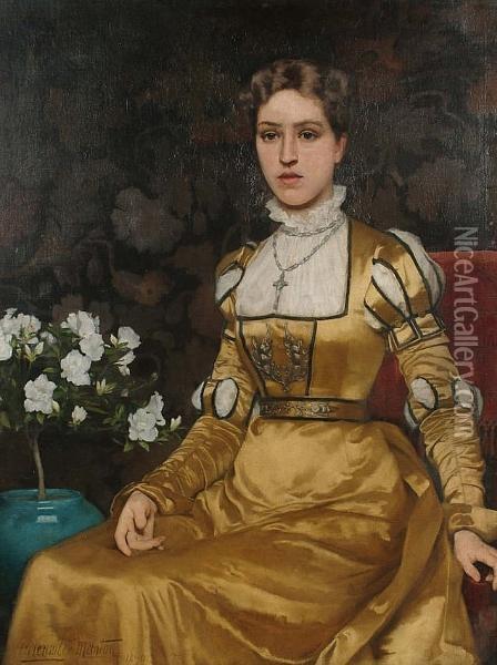 Portrait, Three Quarter Length, Of A Seated Lady Wearing A Gold Satin Dress Oil Painting - George Grenville Manton