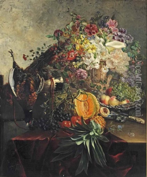 Lillies, Roses, Peonies, Syringes And Morning Glory In A Sculpted Earthenware Vase, With Hunting Paraphernalia And A Pheasant Oil Painting - Alida Elizabeth van Stolk