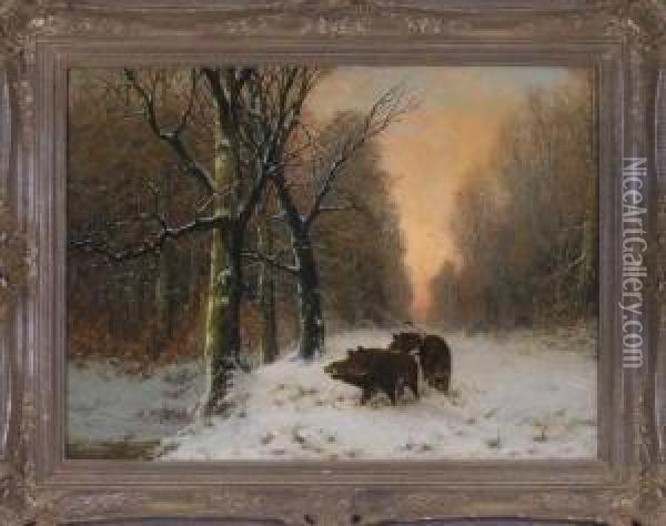 Drei Wildschweine Im Abendlichen Winterwald Oil Painting - Joseph Friedrich N. Heydendahl