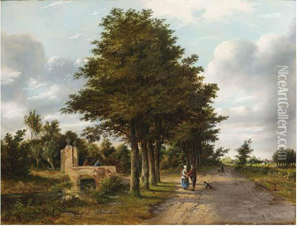 Figures On A Country Road Near Loosduinen Oil Painting - Johannes Philippus Galjaard