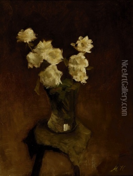Still-life With White Roses In A Glass Vase On A Stool Oil Painting - Marie Heineken