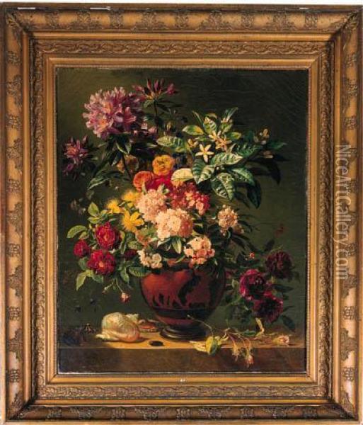 Kapitaal Bloemstuk: Flowers In A Greek Terracotta Vase With Shellson A Ledge Oil Painting - Georgius Jacobus J. Van Os