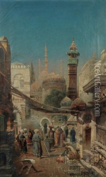Animation Aux Abords Des Mosquees Livelyness Near The Mosques Huile Sur Toile Oil Painting - Robert Alott