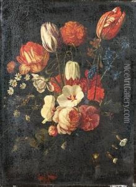 Tulips, A Fritillary, Hyacinths,
 Bluebells, Daisies, Anemones, A Rose And Other Flowers In A Glass 
Vase, With A Red Admiral Butterfly Oil Painting - Jan Pauwel Gillemans The Elder