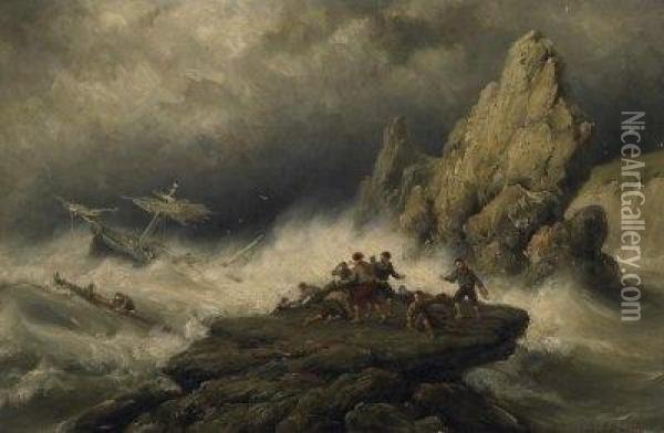 Shipwreck In Front Of The English Coast. Signed Bottom Right: Joh. H.b. Koekkoek Oil Painting - Johannes Hermann Barend Koekkoek