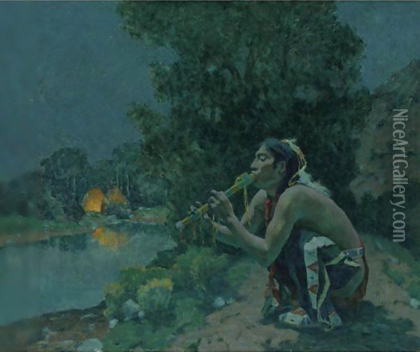 Flute Song Moonlight Oil Painting - Eanger Irving Couse
