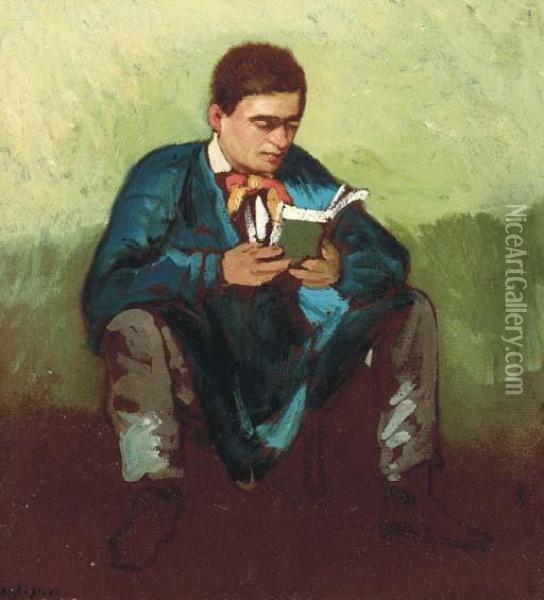 A Young Man Seated Reading A Book Oil Painting - Henri-Joseph Harpignies