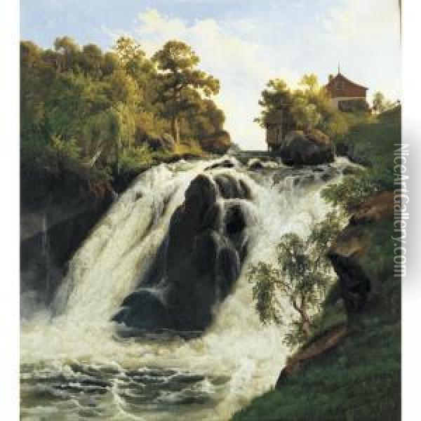View Of The Waterfall At Stora Mollan, Sweden Oil Painting - Johann-Hermann Carmiencke
