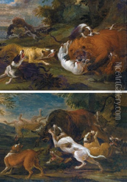 Hunde Einen Bullen Attackierend (+ Hunde Lowen Angreifend; Pair) Oil Painting - Abraham Danielsz Hondius