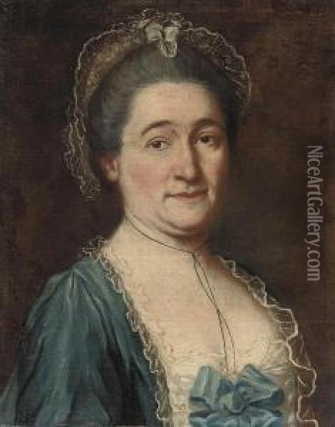 Portrait Of A Lady, Bust-length, In A Blue Silk Dress With Lace Trim And A Lace Head Dress, With Blue Border Oil Painting - Gaspare Traversi