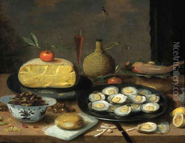 A breakfast still life of oysters on a pewter plate, a half cheese, bread, hazelnuts, chestnuts, lemons, mandarins, a fish, a pepper pot Oil Painting - Jan van Kessel