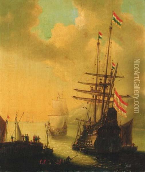 A Dutch Man-o'-war Departing A Harbour Oil Painting - Willem van de, the Elder Velde
