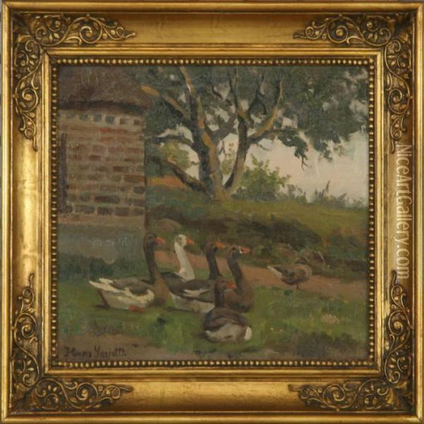 Geese Lying In The Grassby A Farm House Oil Painting - Hans Ludvig Smidth