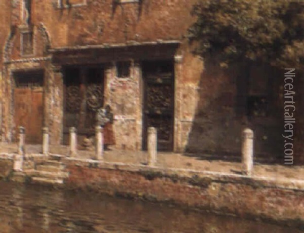 By A Venetian Canal Oil Painting - Rubens Santoro