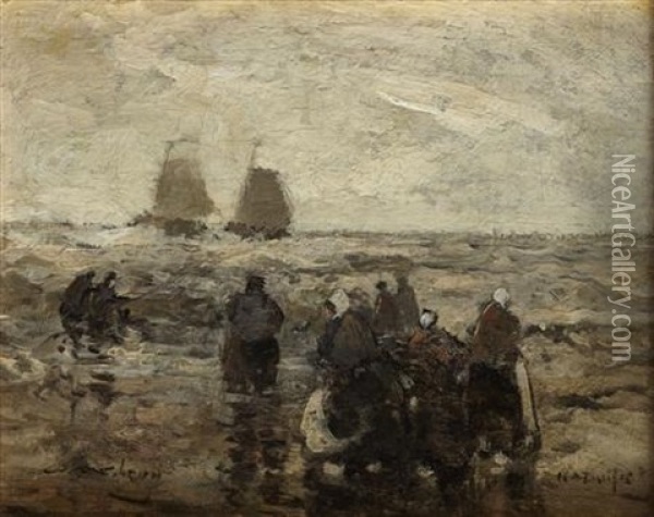 Fisherfolk On The Shore, Katowice Oil Painting - William Alfred Gibson