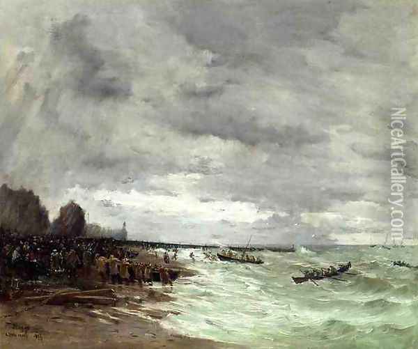 Beaching The Boats At Grandcamps Normandy Oil Painting - Frank Myers Boggs
