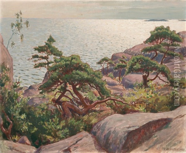 Landscape With Pine Trees Oil Painting - Vaeinoe Alfred Blomstedt