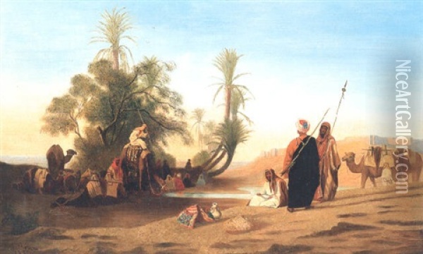 Halte De La Caravane Aux Abords Des Remparts Du Caire Oil Painting - Charles Theodore (Frere Bey) Frere